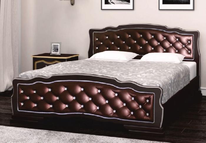 Кровать двуспальная Карина-10 (СМ 160х200) с элементами экокожи, без основания с универсальными царг ( 160х200 , дерево/МДФ , орех темный бриллиант , без подъемного мех. , без ящиков , без матраса (Браво-мебель) )